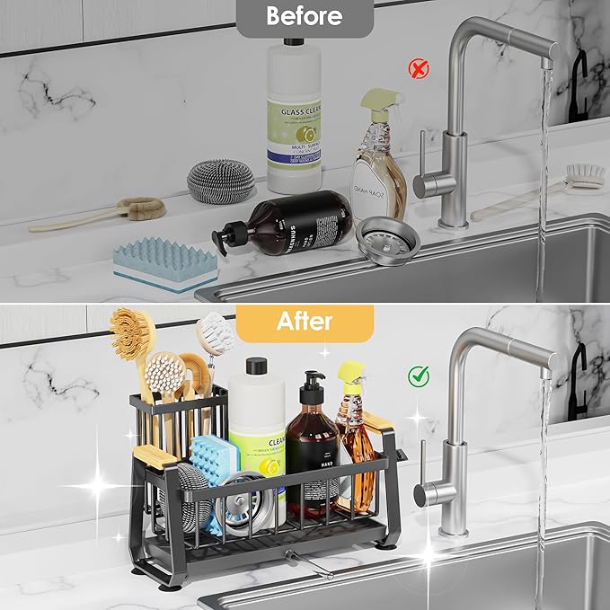 Doasuwish Sponge Holder for Kitchen Sink with Dish Brush Holder, Rustproof 304 Stainless Steel Sink Caddy for Kitchen Countertop Accessories & Storage-NeatNest