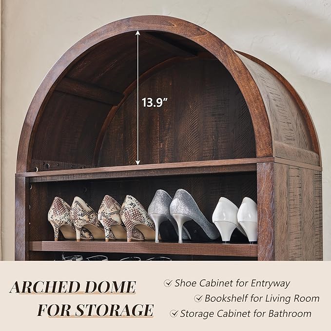 71" Tall Arched Shoe Storage Cabinet, 7 Tiers 28 Pairs Wooden Shoe Rack with 3 Adjustable Shelves, Freestanding Shoe Closet Shelf Organizer for Entryway, Hallway, Living Room-Brown-NeatNest
