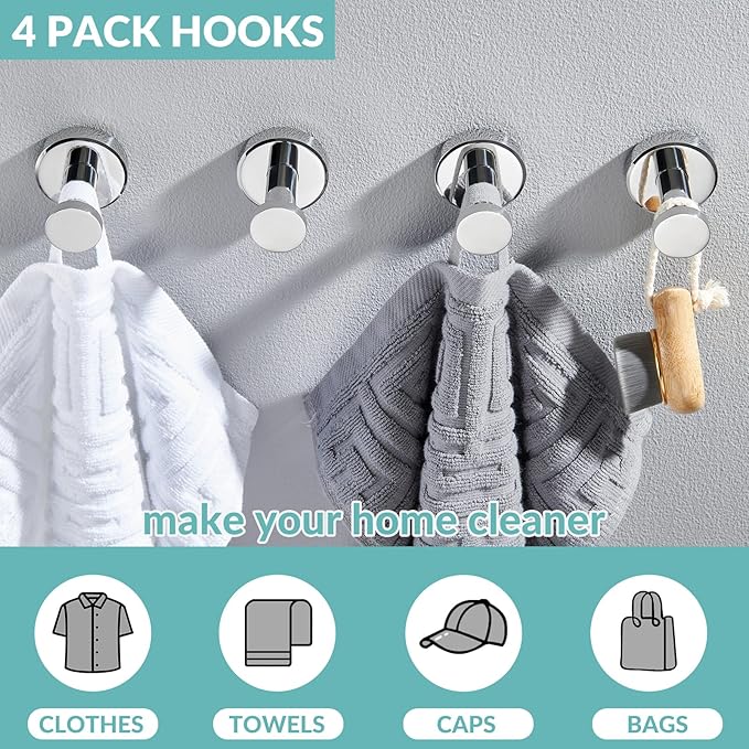 APLusee Polished Chrome Hand Towel Hook, 4 Pack 304 Stainless Steel Storage Coat Hook for Toilet Bathroom Kitchen, Home Accessories Wall Mounted