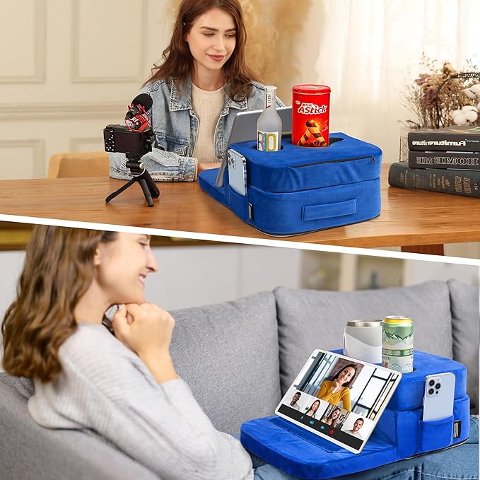 Couch Cup Holder Tray Pillow - Bed, Couch Caddy, Sofa, RV & Car - Holds Drinks, Snacks, Remotes, Phones, Kindle, Tablet | Bed Cup Holder (Blue)-NeatNest