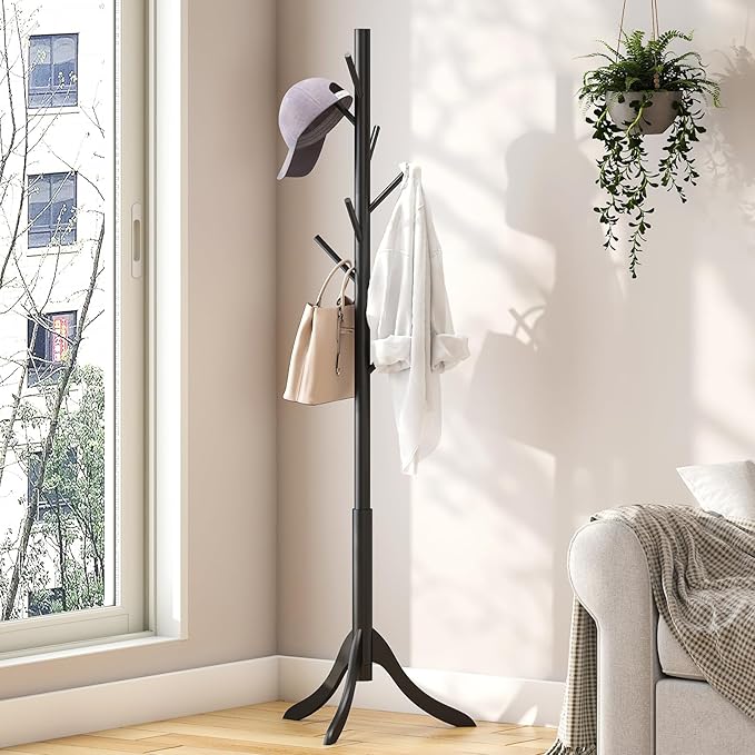 Black Coat Rack Stand, Bamboo Wood Freestanding Coat Tree with 8 Hooks, Hallway Entryway Hat Hanger Organizer Standing for Bedroom, Office, Clothes, Jackets, Bags, Umbrallas-NeatNest