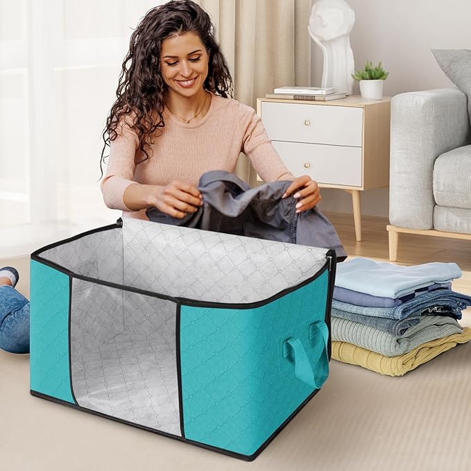 Fab totes 4 Pack Clothes Storage, Foldable Thick Fabric Blanket Storage Bags, Containers for Organizing Bedroom, Closet, Clothing, Comforter,Closet Organization with Handle,Green-NeatNest