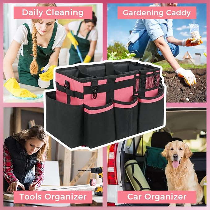 Wearable Cleaning Caddy, Cleaning Caddy Supplies Organizer with Handle & Shoulder Straps for Housekeepers, Under Sink & Car Cleaning Tool Organizers Bag with 4 Foldable Divider (OleanderRed)