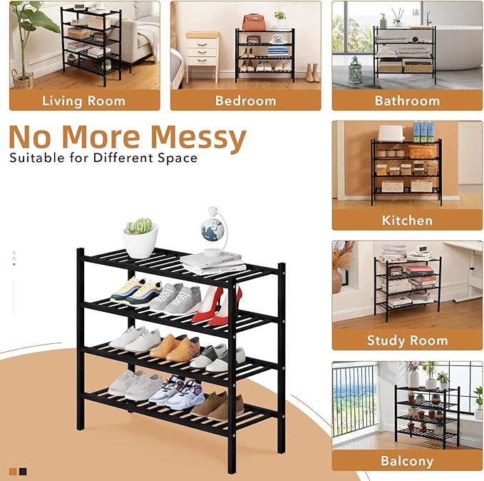 4 Tier Bamboo Shoe Rack Storage Organizer for Closet, Multifunctional Stackable Free Standing Shoe Shelf Organizer for Small Space,Entryway, Hallway, Bathroom27 x11 x26(Black, 4 Tier)-NeatNest