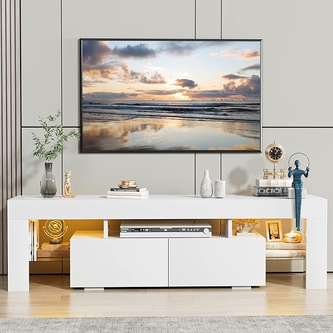JUMMICO TV Stand, Modern Lighting TV Cabinet Entertainment Center Media and Open Shelf, TV Console Table with 1 Drawer and Remote Control, 20 Color LED Lights up to 70 Inch TV (White)-NeatNest