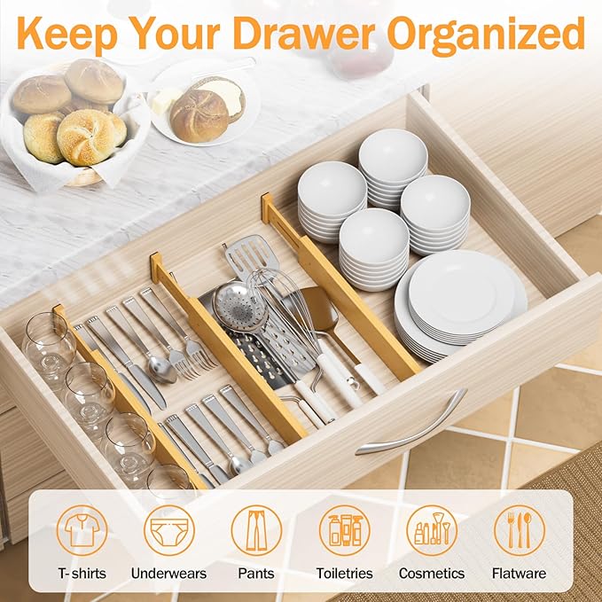 BAMBUROBA Bamboo Drawer Dividers, Adjustable Kitchen Drawer Organizer for Clothes,17-22" Expandable Drawer Organization Separators for Bedroom,Bathroom,Dresser and Office,6-Pack-NeatNest