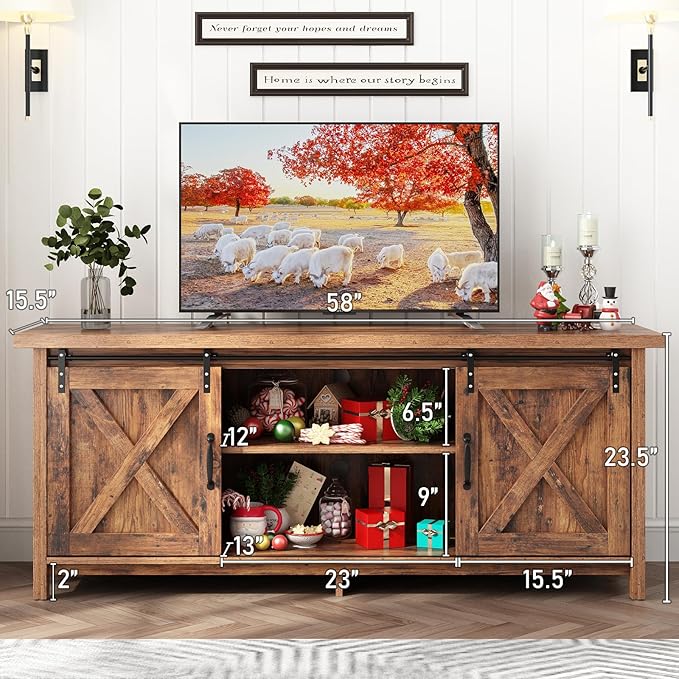 Farmhouse TV Stand for 55-65in TV with Adjustable Shelves & Sliding Barn Door - Rustic, Wooden Entertainment Center & Media Cabinet for Bedroom, Living Room (Dark Brown, 58in)-NeatNest