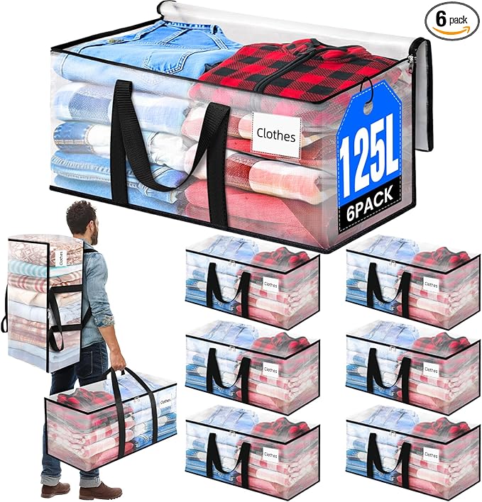 BlissTotes 6-Pack Large Moving Bags with Backpack Straps & Strong Zippers, Heavy-Duty Storage Bags Moving Boxes for Space Saving, Dorms, Transport, 125L-30 Gallons, Clear-NeatNest
