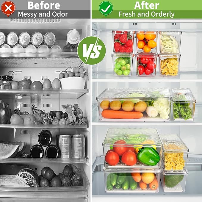 13 Pack Fridge Organizers Bins and Storage, PBA Free Refrigerator Organizer with Lids, Stackable Food Storage Bins for Kitchen, Countertops, Cabinets, Fridge, Drinks, Fruits, Vegetable