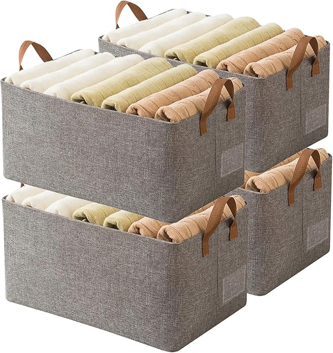 AARAINBOW 4 Pcs Closet Clothes Organizer Bins, Closet Fabric Storage Box with Steel Frame Stackable Shelf Storage Baskets, Fabric Storage Baskets Foldable Closet Shelf Storage Containers, 23L (4 Gray)-NeatNest