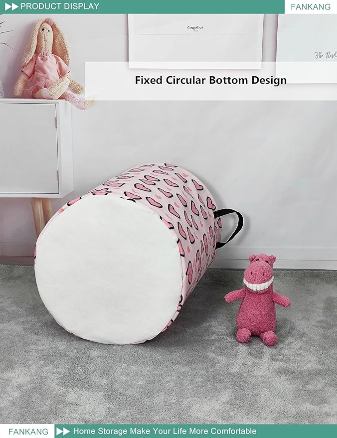 FANKANG Storage Basket, Nursery Hamper Canvas Laundry Basket Foldable with Waterproof PE Coating Large Storage Baskets for Kids Boys and Girls, Office, Bedroom, Clothes,Toys(Pink Love)