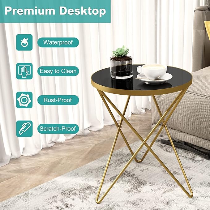 HLR Modern Round Side Table Set of 2, End Table with Marble Effect Top and Gold Metal Frame, Small Side Table for Living Room, Bedroom, Sofa and Couch, Gold Legs, Black Glass top