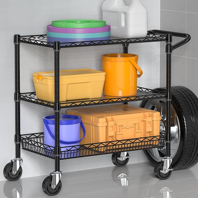 Heavy Duty Rolling Cart with Wheels, 3 Tier Commercial Grade Utility Cart, Metal Kitchen Storage Trolley with Handle Bar & Shelf Liner for Food Service Tool, Black
