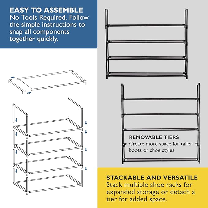 Sundaze Shoe Rack - 4 Tier Shoe Rack for Front Door Entrance, Sturdy Long Shoe Organizer for Closet, Bedroom, Entryway, Garage, Non Woven Fabric Shelf, Black, Holds Up to 20 Pairs-NeatNest