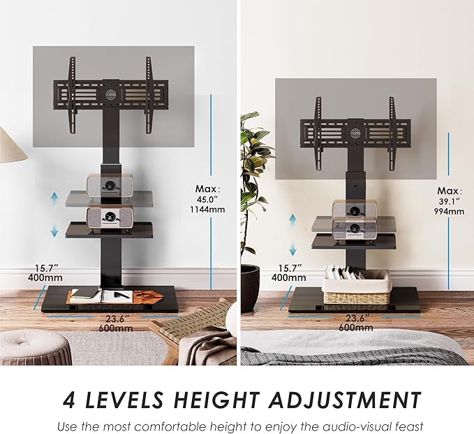 FITUEYES Floor TV Stands with Swivel TILT Mount for 32 39 40 43 49 50 55 60 65 70 75 Inch LCD LED TVs with Iron Base Adjustable Shelf Universal Television Stands for Bedroom and Living Room (Black)