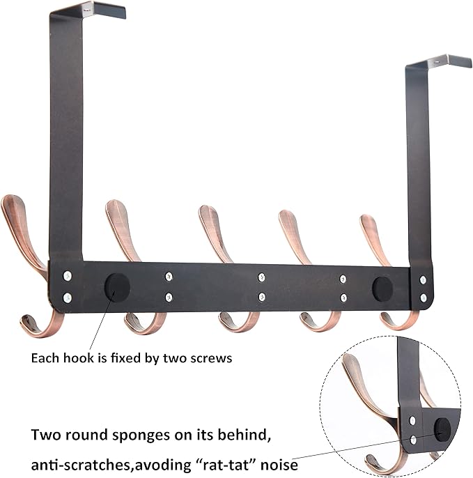 WEBI Over The Door Hook 5 Coat Hooks,Over The Door Towel Rack,Door Hanger Over Door Coat Rack for Hanging Clothes,Towels,Back of Bathroom,Antique Copper
