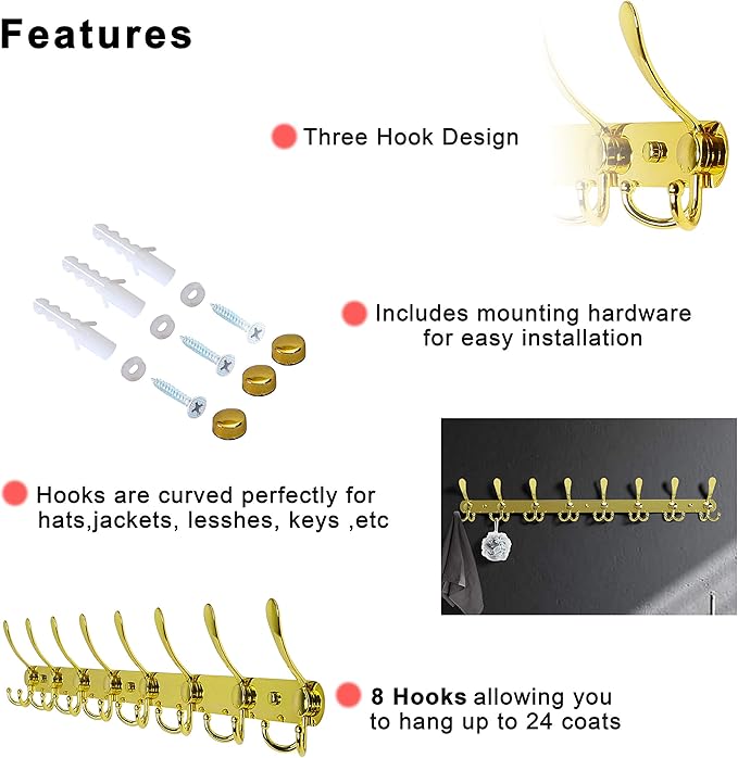 Dseap Coat Rack Wall Mount - 29.5” Long 8-Tri-Hooks Heavy Duty Coat Hanger Rail Wall Hooks for Hanging Coats Hats Clothing Clothes Purse Mudroom Entryway, Gold-NeatNest