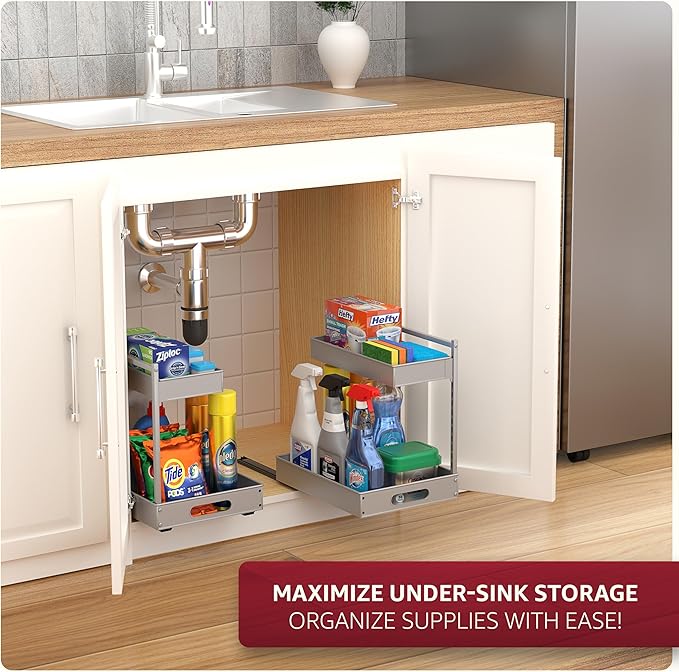 Sorbus Under Sink Organizer with Sliding Tracks – Pull Out Cabinet Organizer with Drawer & Installation Rails – Under Cabinet Bathroom Storage Organizer for Kitchen, Pantry, or Vanity –Silver 2 Pack-NeatNest