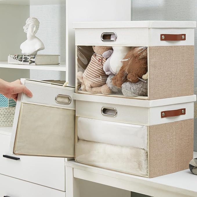 Fabric Clear Window Storage Bins with Lid, Closet Storage Box Linen Closet Baskets with 3 Handles for Organizing Clothing, Jeans, Shelves 17''- 3 Pack (Beige and White)