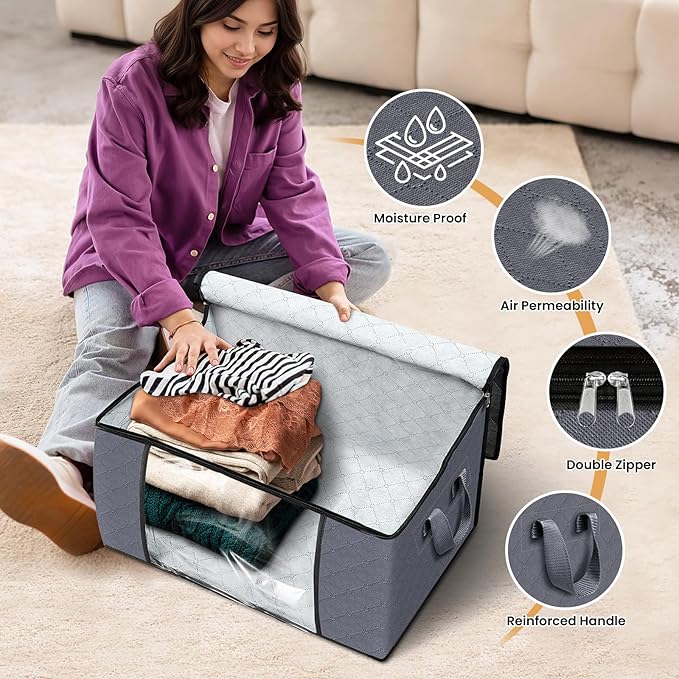 Fab totes 8 Pack Clothes Storage, Foldable Thick Fabric Blanket Storage Bags, Containers for Organizing Bedroom, Closet, Clothing, Comforter,Closet Organization with Handle,Grey-NeatNest