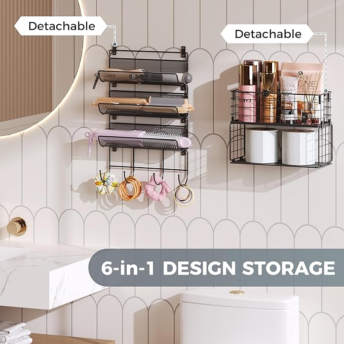 Hair Dryer Holder-Wall-Mounted Styling Tool Organizer 5 Tiers Styling Tool Organizer with Hook Heat Safe Rack for Hair-Straighteners,Curling Wands,Flat Iron,Perfume,Cabinet Door Bathroom Kitchen
