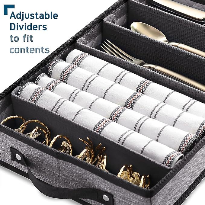 Flatware & Utensil Storage, Durable Silverware Storage Box with Padded Dividers, 5 Compartment Flatware Storage Case, Silverware Case with Handles, Protects and Organizes Cutlery, Grey-NeatNest