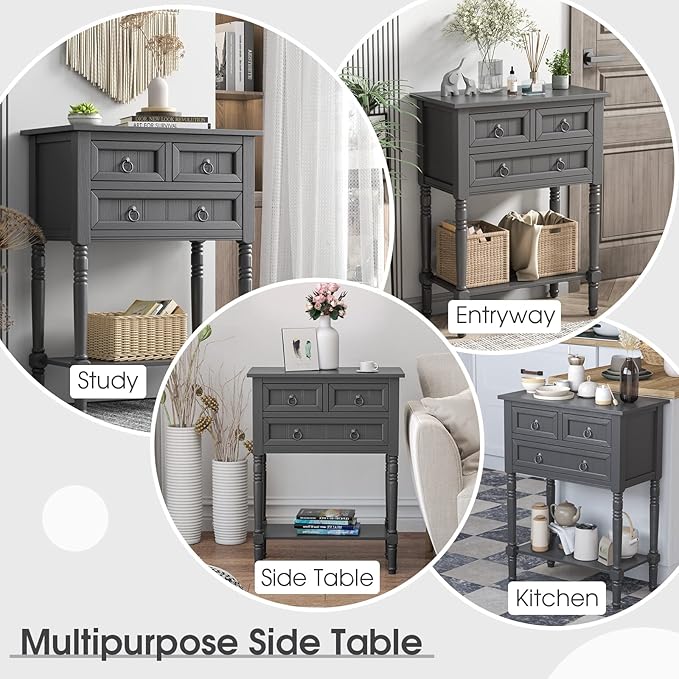 Giantex Console Table with 3 Drawers, 24" Rustic Entryway Table with Storage, Open Bottom Shelf, Compact Hallway Table, Small Sofa Side Table for Living Room, Bedroom, Narrow Entry Table, Gray-NeatNest
