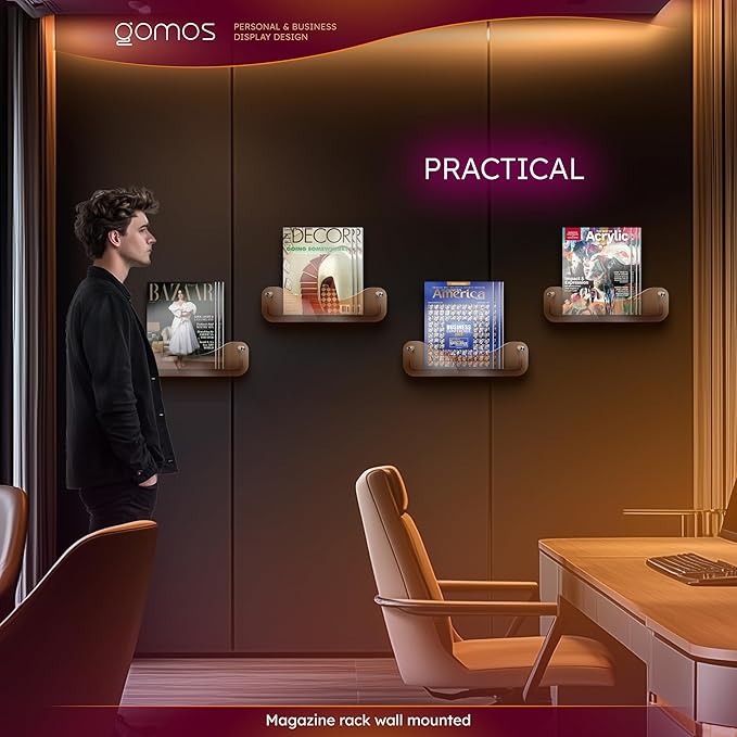 Gomos Acrylic Magazine Holder – Magazine Rack Wall Mounted, Wall Magazine Holder, Acrylic Book Shelves, Brochure Holder Wall Mount, Magazine Display for Books and Journals (Smoked)