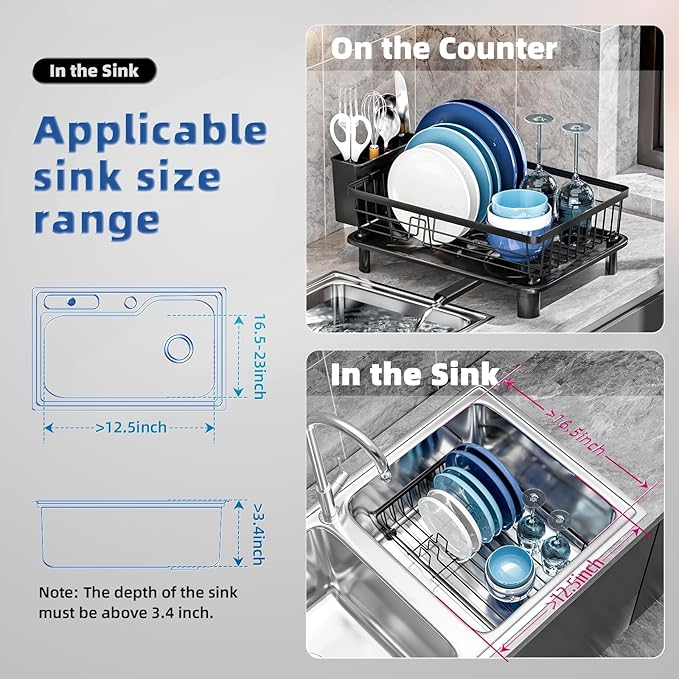 Dish Drying Rack, Space-Saving Dish Rack, Dish Racks for Kitchen Counter, Kitchen Dish Drainers with Removable Utensil Holder, Plate Rack and Drainboard, 11''W x 15''L, Black
