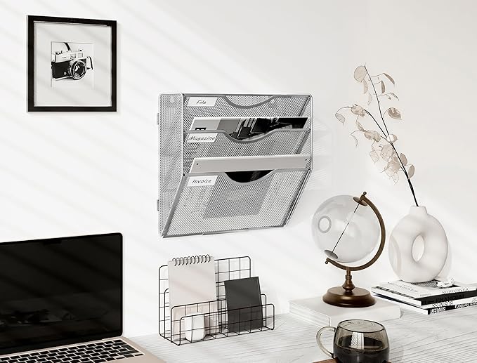 EasyPAG 3 Pocket Wall File Organizer, Silver | Metal Mesh Wall Mounted File Holder | Assembly Hanging Mail Organizer | Replaceable Classify Labels | Office Home Letter Size Paper Storage