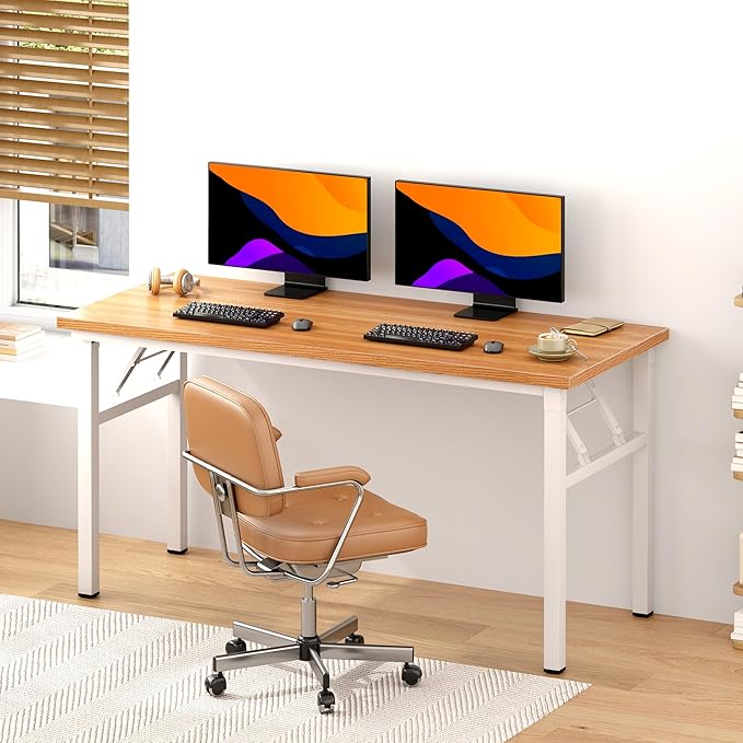 DlandHome Large Computer Desk, Folding Desk, Decent and Steady Home Office Desk/Workstation/Table 54.3inch Teak White-NeatNest