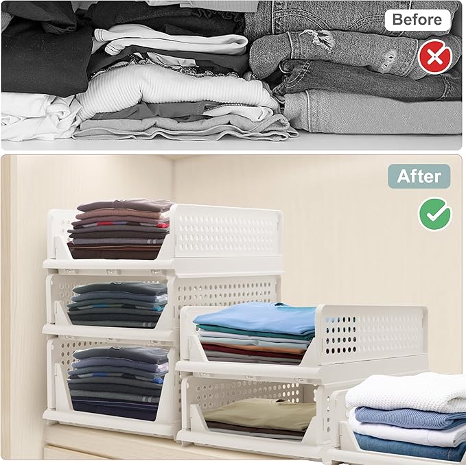 Stackable Foldable Storage Baskets, Folding Storage Bins, Closet Organizers and Plastic Drawer Shelf Storage Container for Wardrobe, Cupboard, Kitchen, Bathroom, Office (White, 5L)