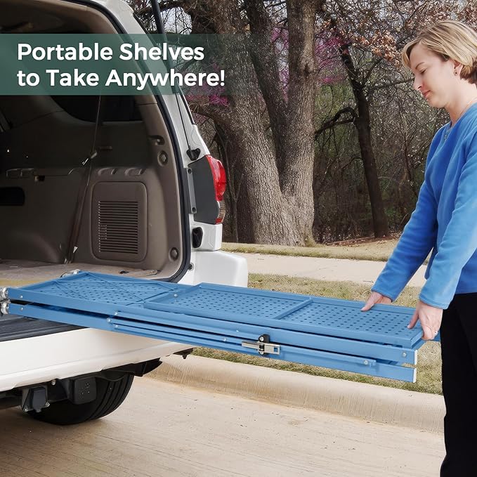 DEANIC 4 Tier Foldable Storage Shelves with Wheels, Large Capacity Shelving Unit, Freestanding Metal Wire Shelf Rack, No Assembly Organizer Rack for Garage Kitchen, Basement(Blue)-NeatNest