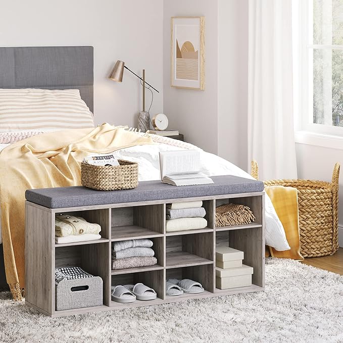 DINZI LVJ Shoe Storage Bench with Cushion, Cubby Rack with 12 Cubbies, Adjustable Shelves, Multifunctional Organizer Bench for Entryway, Mudroom, Hallway, Closet and Garage, Greige-NeatNest