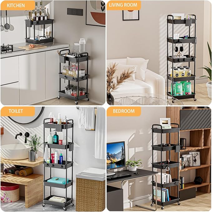 5 Tier Rolling Utility Cart with Handle,REBECAT Utility Cart Made of Multifunctional Storage Organizer Tool for Kitchen,Bathroom,Living Room,Office(Black)