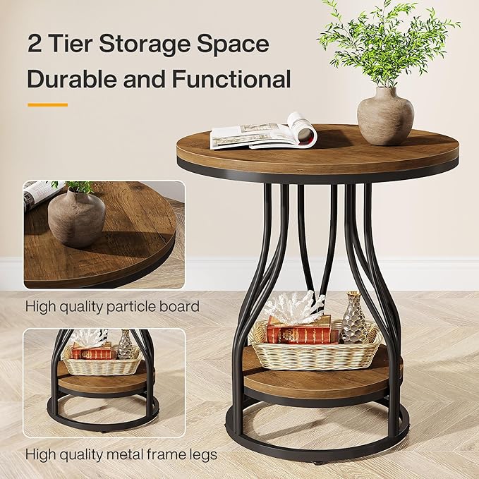 Tribesigns Round Side End Table 2-Tier End Tables Modern Bedside Table Small Chirside Tables with Storage for Couch Side, Nightstand with Metal Frame for Living Room (2, Brown+Black)