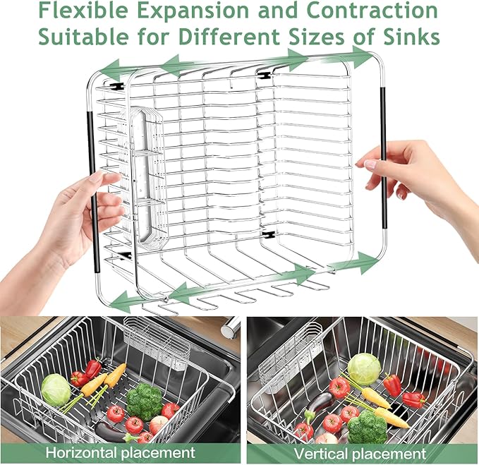 Dish Drying Rack in Sink, Extendable Stainless Steel Dish Drainers for Kitchen Counter, Anti-Rust Dish Dryer Rack with Utensil & Cup Holders, for Inside Sink, Over The Sink
