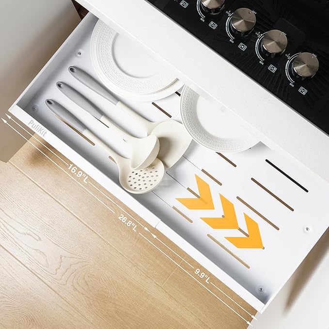Under Sink Cabinet Organizer with Slide-Out Drawers Heavy-Duty Adjustable 16.9''-26.8'' Deep Tool-Free Adhesive & Screw Mounting, Removable Shelves for Kitchen Storage (White)-NeatNest