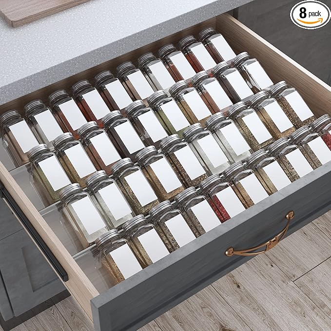 Antimbee Spice Drawer Organizer, 4 Tier- 8 Pack Kitchen Spice Rack Tray for Drawer, Expandable From 13" to 26" Acrylic Seasoning Organizer Rack Holds up 56 Spice Jars (Jars not Include)-NeatNest