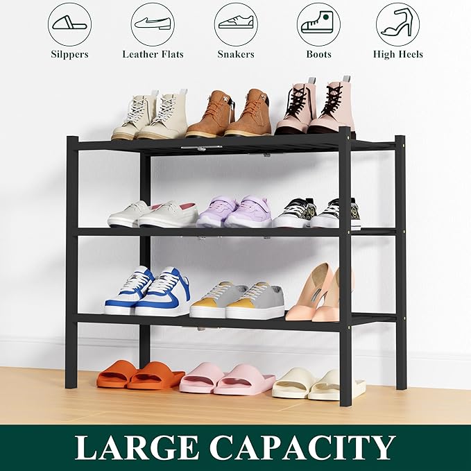 Smiry Shoe Rack, 3 Tier Thick Bamboo Shoe Organizer, Stackable Free Standing Wooden Shoe Storage Shelf for Closet, Entryway, Front Door Entrance, Black-NeatNest