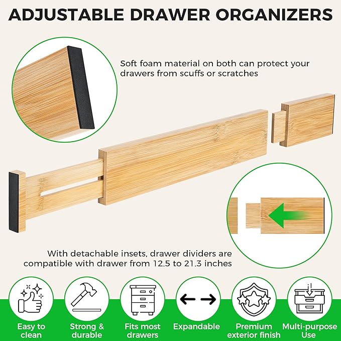 Bamboo Drawer Dividers Organizer with Inserts, Expandable from 12.5-21.7", Adjustable Drawer Organizer Separators for Utensils, Dresser, Bedroom, Bathroom, Closet, Clothing, Office (Beige)-NeatNest