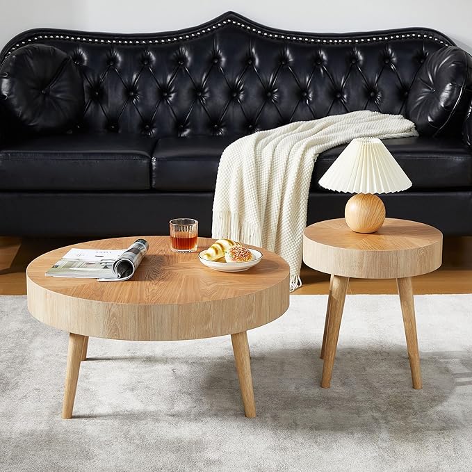 Farmhouse Round Coffee Table Set of 2, Rustic Sofa Side End Tables w/Wood Finish, Nesting End Table Set for Living Room, Bedroom (Natural)