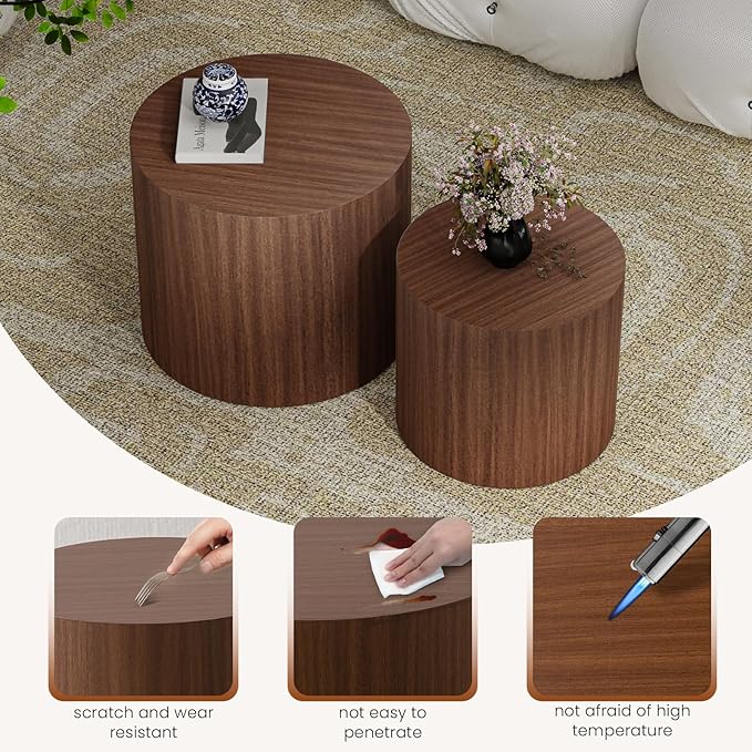 Nesting Coffee Table Set of 2, Modern Round Coffee Table with Non-Slip Feet, Wooden Circle Accent Tables for Small Spaces Living Room Bedroom Balcony Office Drum Side Table (C Walnut)
