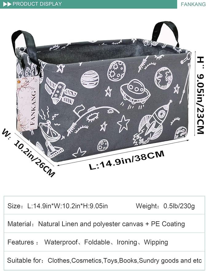 FANKANG Storage Basket,Nursery Hamper Canvas Laundry Basket Foldable with Waterproof PE Coating Storage, Office, Bedroom, Clothes,Toys (Rec-Space Planet)