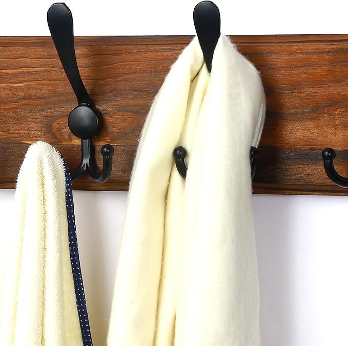 Dseap Coat Rack Wall Mounted - 10 Tri Hooks, 38-1/4" Long, Heavy Duty Wooden Wall Coat Hanger Coat Hook for Clothes Hat Jacket Clothing, Natural & Black, 2 Packs