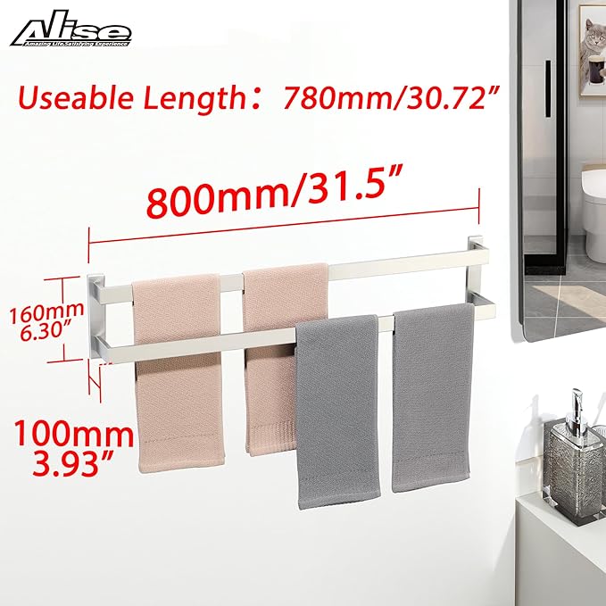 Alise Bath Double Towel Bars,Black Towel Holder Towel Racks for Bathroom Lavatory,Wall Mount Towel Hanger SUS304 Stainless Steel Towel Rail,GOY2800-LS Brushed Nickel 32 Inch