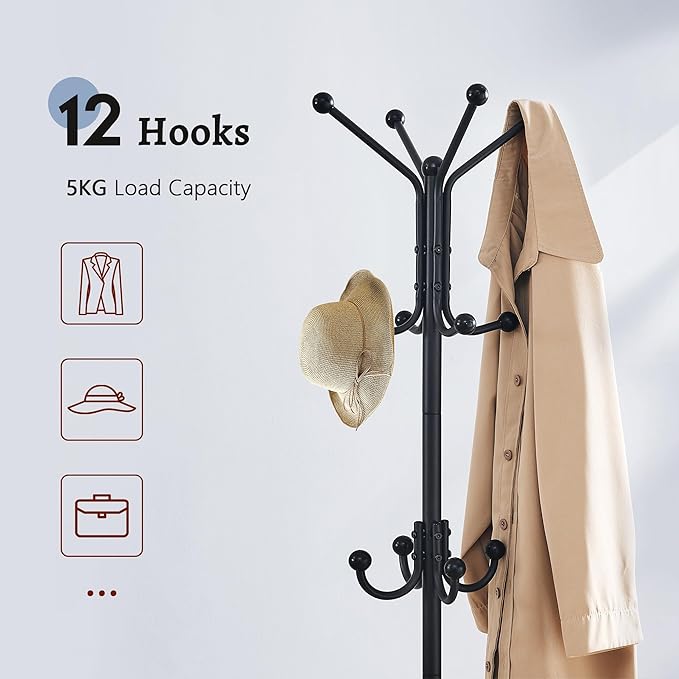 FAVOOSTY Coat Rack Freestanding,Coat Rack Stand with Umbrella Holder,Metal Coat Tree with 12 Hooks,Tree Clothes Hat for Entryway, Hallway, Bedroom, Living Room & Office -Black-NeatNest