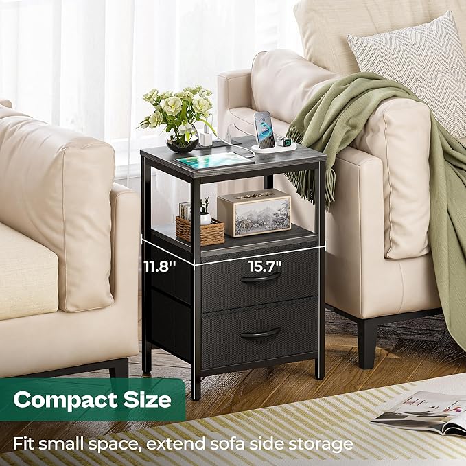 Huuger Nightstands Set of 2, End Tables with Charging Station, Side Tables with Fabric Drawers, Bedside Tables with USB Ports and Outlets, Night Stands for Bedroom, Charcoal Gray