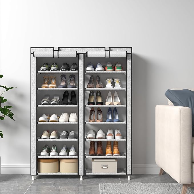 JIUYOTREE 7-Tier Shoe Rack Storage Organizer with Dustproof Cover Closet Cabinet Shelf Holds up to 28 Pairs for Doorway Corridor Balcony Living Room Ash Gray-NeatNest