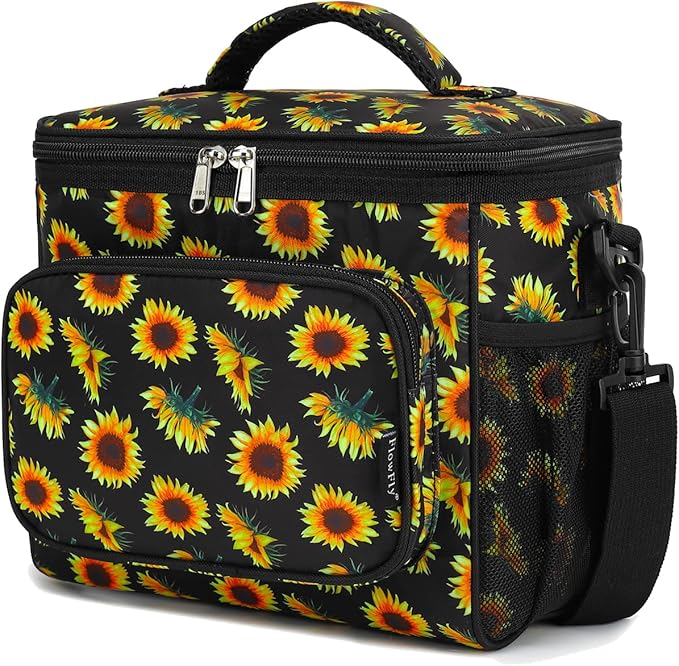 FlowFly Insulated Reusable Lunch Bag Adult Large Lunch Box for Women and Men with Adjustable Shoulder Strap,Front Zipper Pocket and Dual Large Mesh Side Pockets,Sunflower-NeatNest